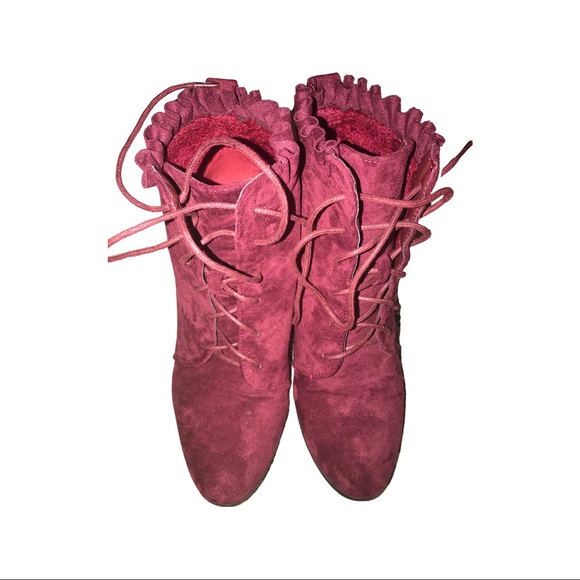 Ruffled Lace Up Women's Chunky Heel Booties 8.5 - Picture 4 of 7